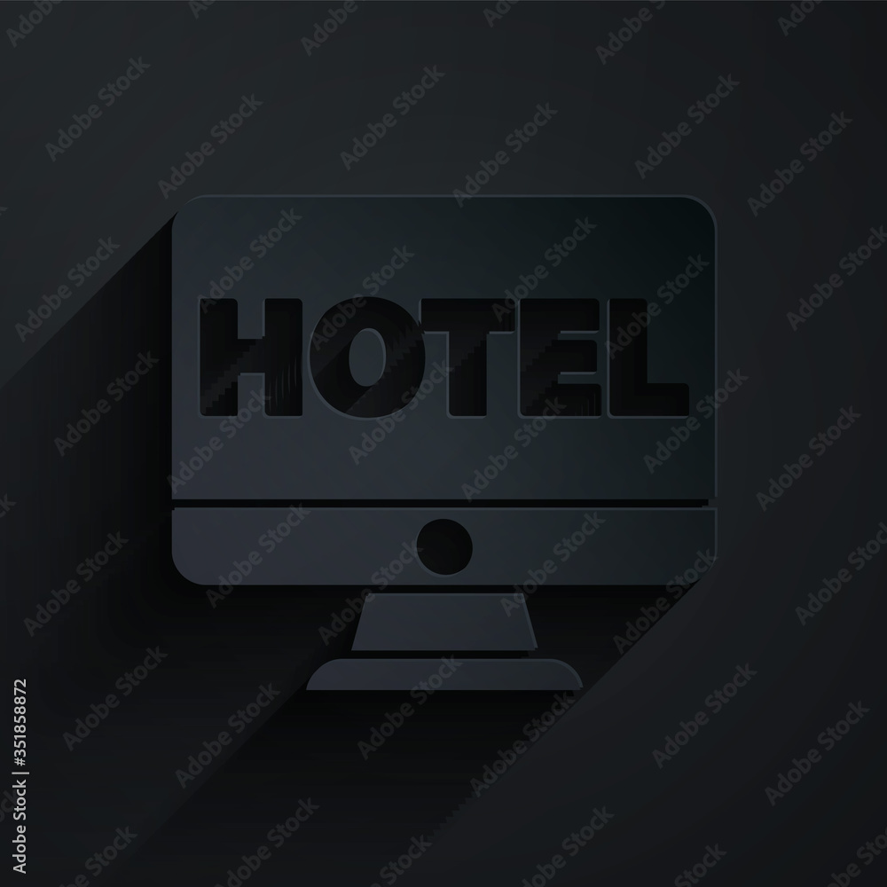 Paper cut Online hotel booking icon isolated on black background. Online booking design concept for 