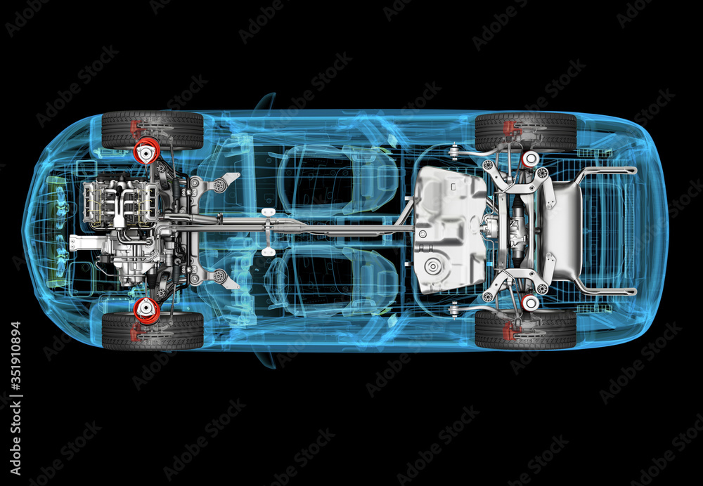 具有x射线效果和动力传动系统的SUV汽车的技术三维插图。