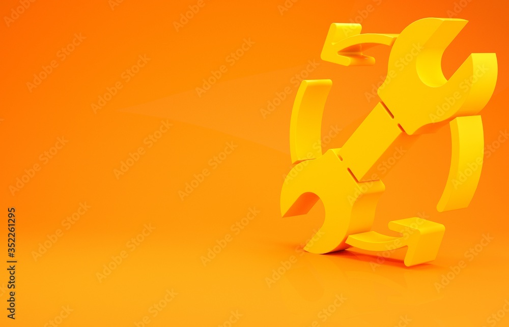 Yellow Wrench spanner and arrows as workflow icon isolated on orange background. Adjusting, service,