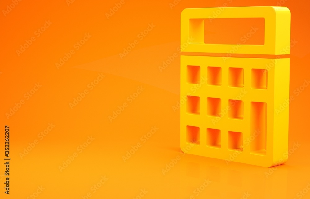 Yellow Calculator icon isolated on orange background. Accounting symbol. Business calculations mathe