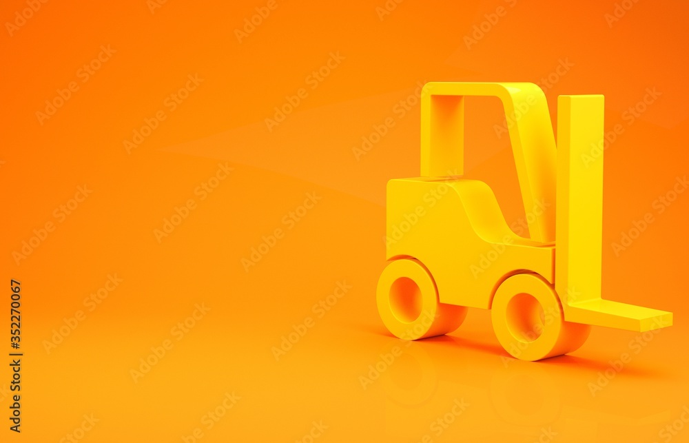 Yellow Forklift truck icon isolated on orange background. Fork loader and cardboard box. Cargo deliv