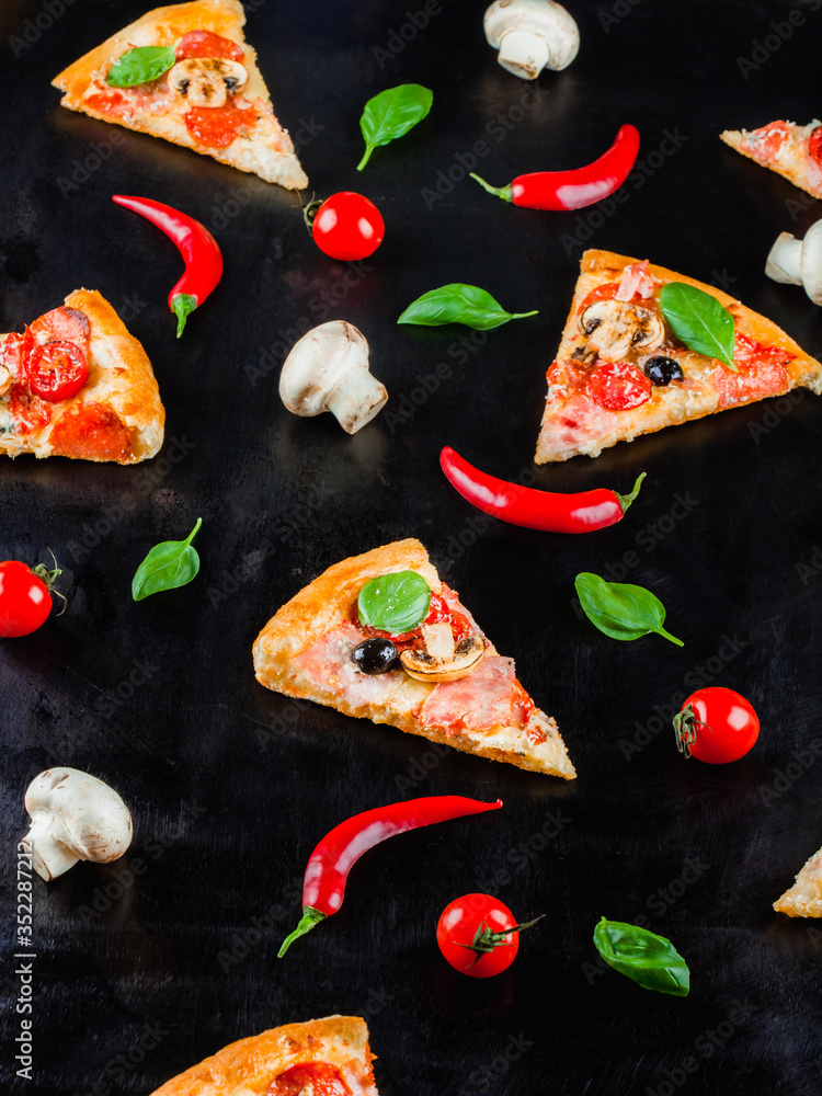 Pizza with mushrooms with a separate slice in the oven close-up. Pizza menu. Pizza delivery.