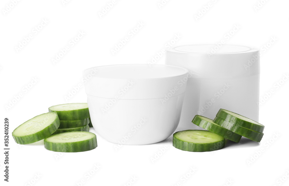 Cosmetics with cucumber extract on white background