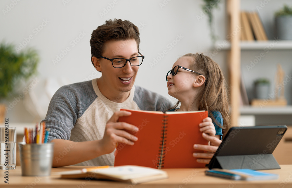 Girl doing homework or online education.