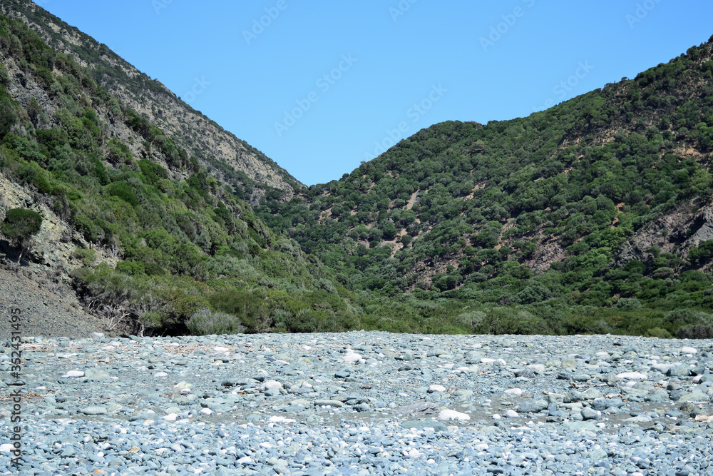 rocks at wild and beauty Kipos beach in Samothrace island, Samothraki, Greece, Aegean sea