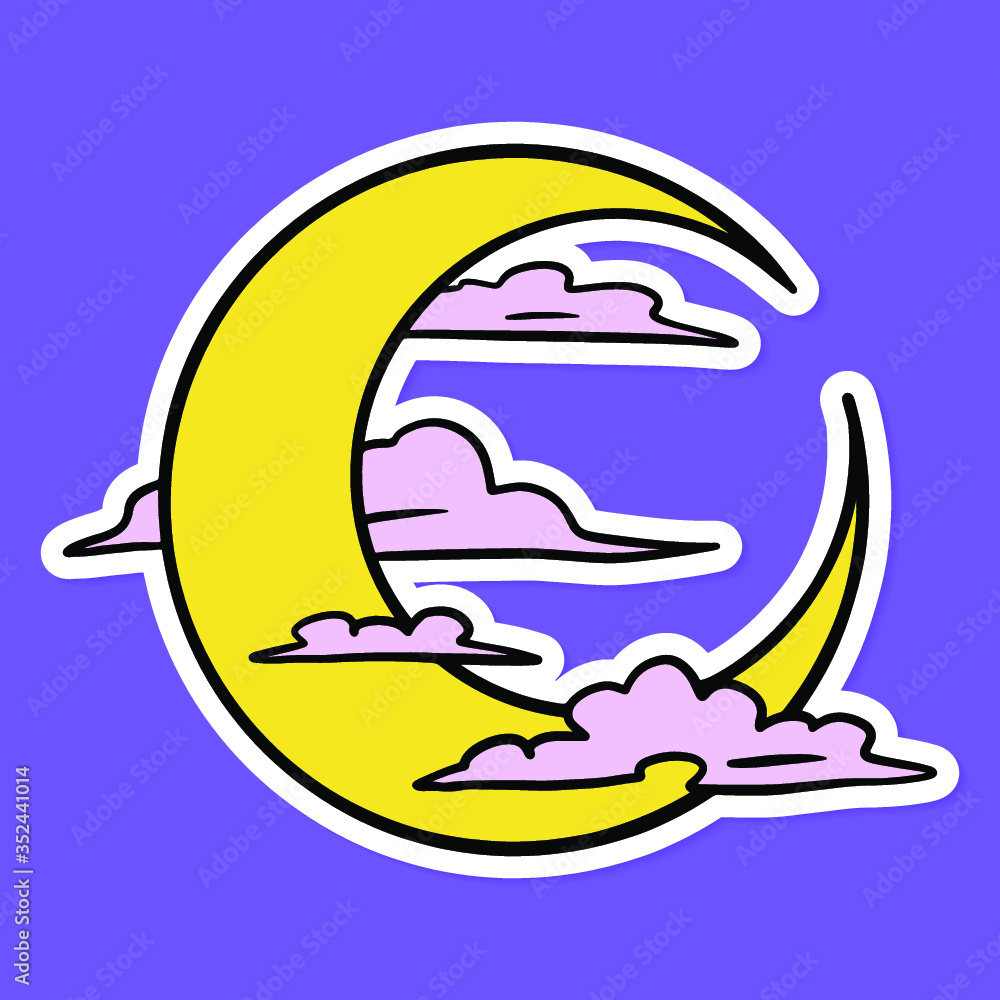 Crescent moon surrounded by clouds sticker overlay with a white border vector