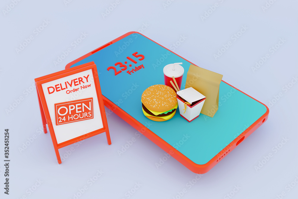 Junk food set on smartphone and billboard.3D render.