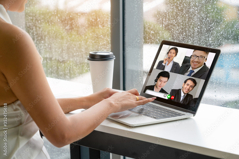 Video call business people meeting on virtual workplace or remote office. Telework conference call u