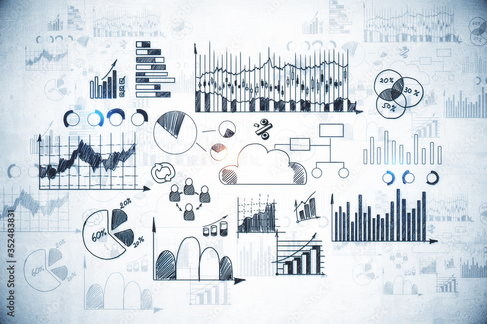 在混凝土墙上绘制图表和商业概念。