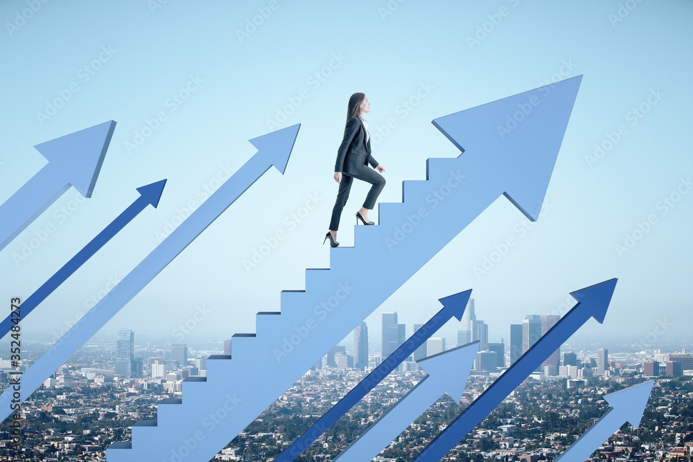 Businesswoman climbs stairs in form arrow on city background.