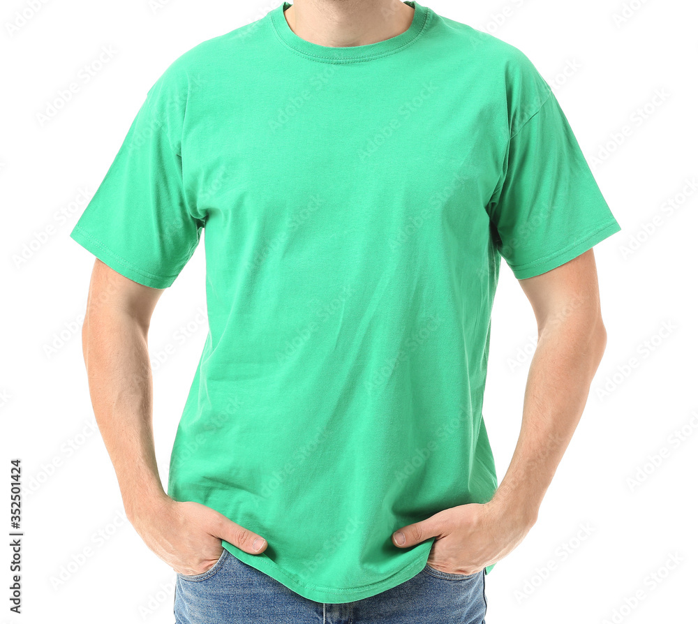 Man in stylish t-shirt on white background