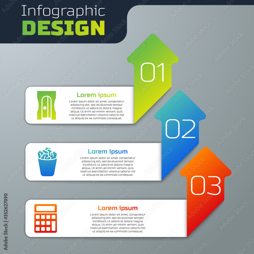 Set Pencil sharpener, Full trash can and Calculator. Business infographic template. Vector.