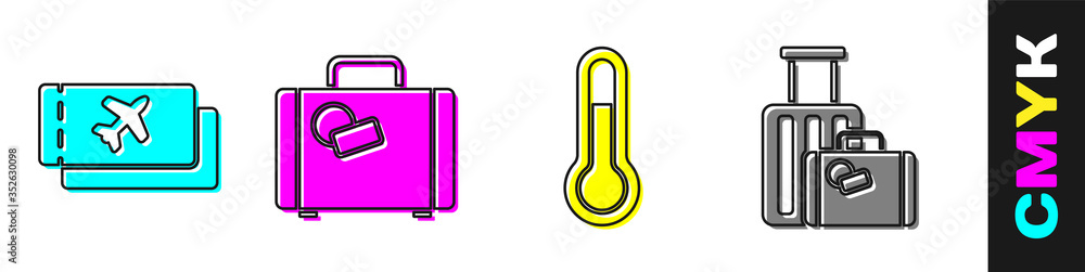 Set Airline ticket, Suitcase, Meteorology thermometer and Suitcase icon. Vector.