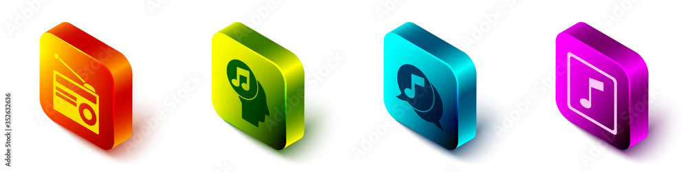 Set Isometric Radio with antenna, Musical note in human head, Musical note in speech bubble and Musi