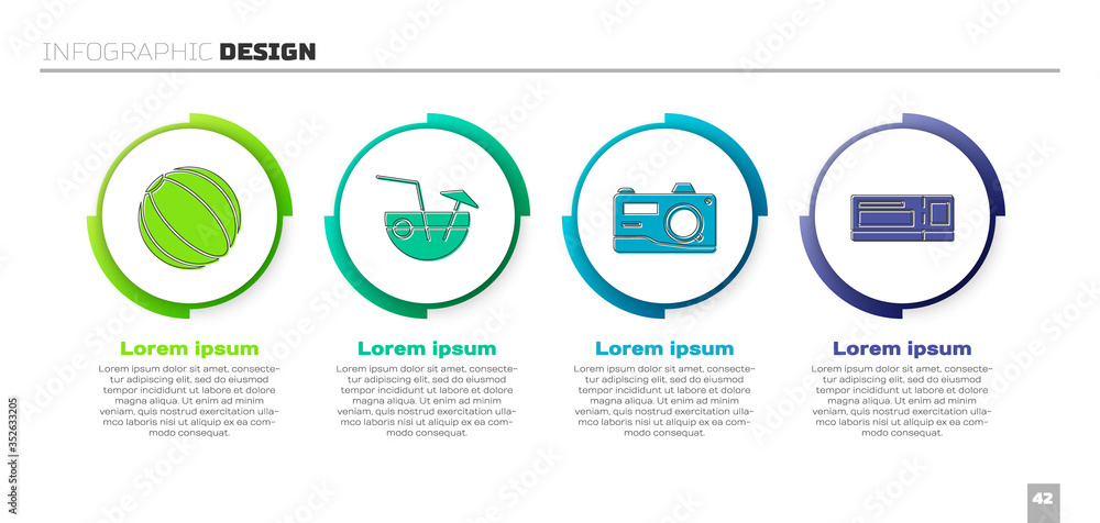 设置沙滩球，椰子鸡尾酒，相机和旅行票。商业信息图模板。Vec
