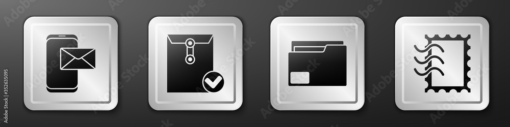 设置手机和信封、信封和复选标记、文档文件夹和邮政印章图标。银色squa