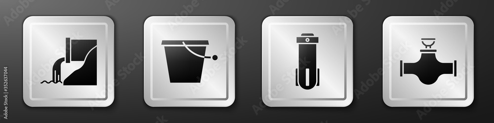 Set Wastewater, Bucket, Water filter and Industry pipe and valve icon. Silver square button. Vector.