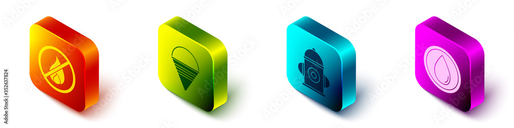 Set Isometric No fire, Fire cone bucket, Fire hydrant and Water drop icon. Vector.