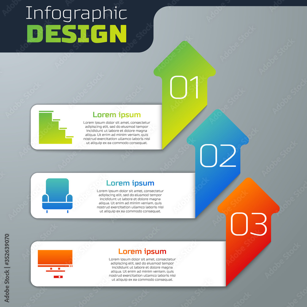 设置楼梯、扶手椅和智能电视。商业信息图模板。矢量。