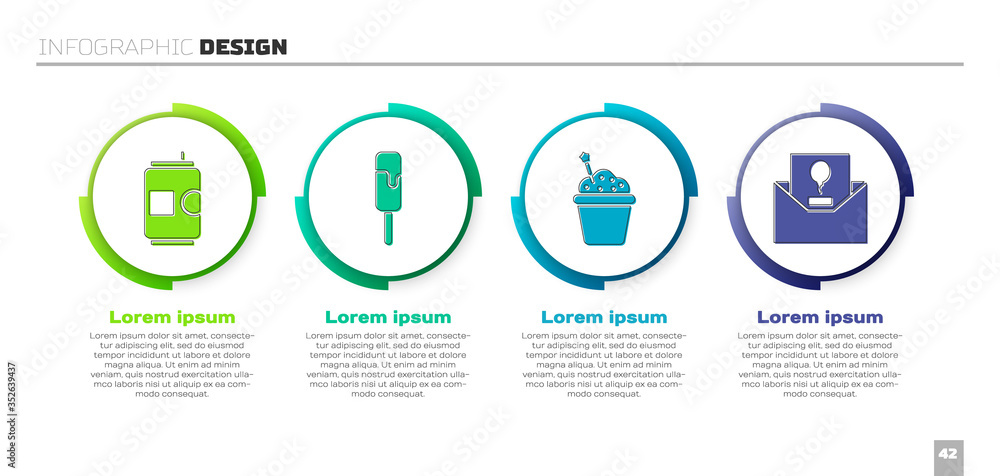 Set Beer can, Ice cream, Cake and Invitation. Business infographic template. Vector.