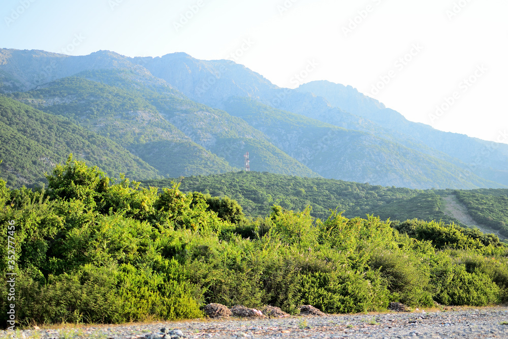 Clouds over Fengari (Moon) peak, Saos mountain - view from Therma beach, Samothraki island, Greece, 