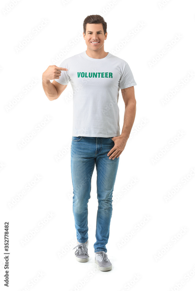 Handsome male volunteer on white background