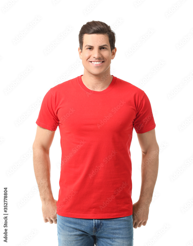 Man in stylish t-shirt on white background