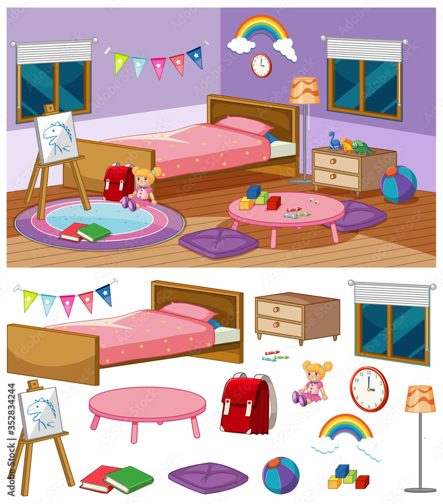 Background scene of bedroom with many furnitures