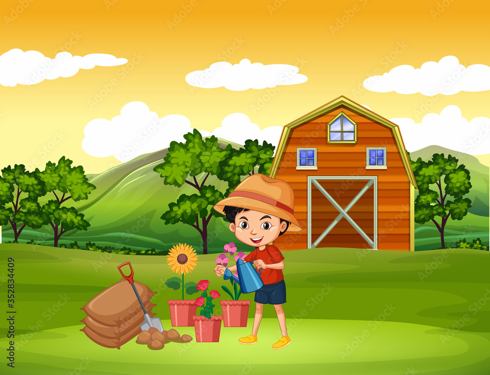 Farm scene with boy watering the flowers on the farm