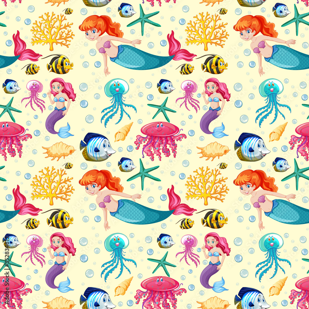 Seamless mermaid and sea animal cartoon style on yellow background