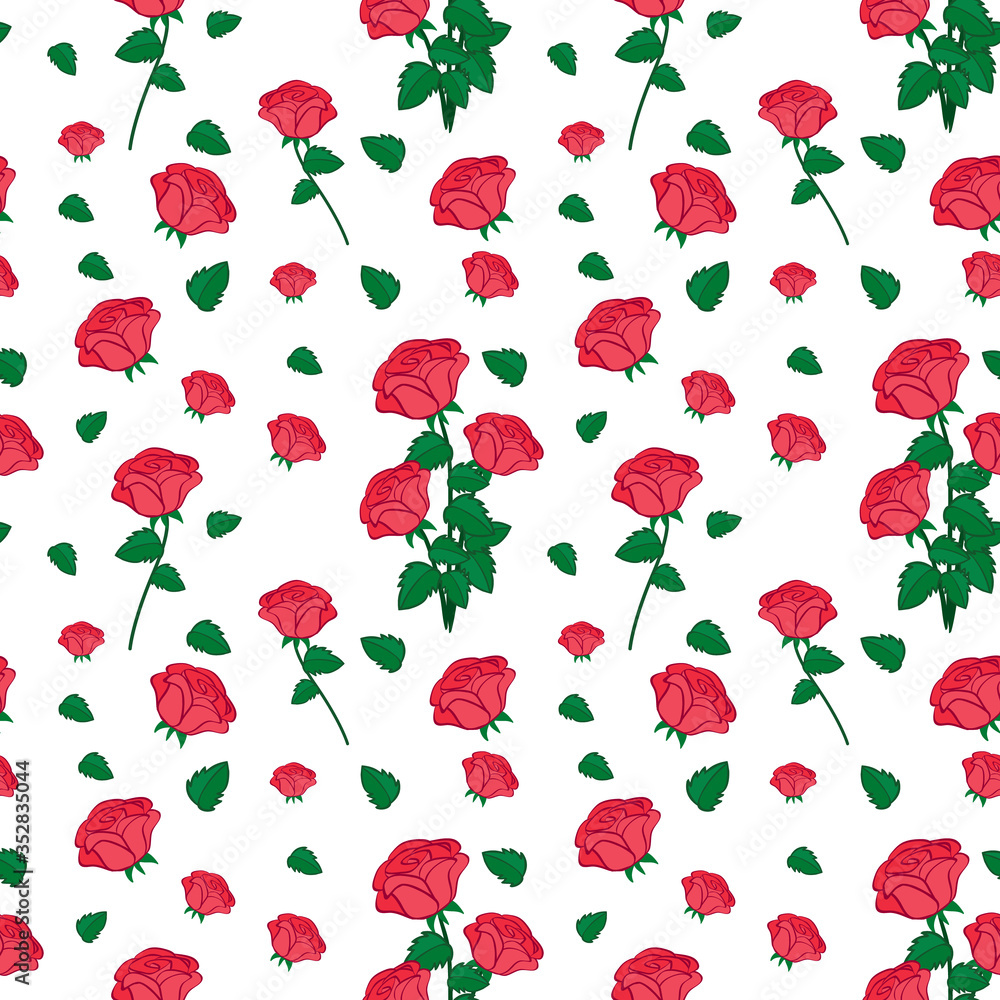 Seamless pattern with cute roses flowers and leaf