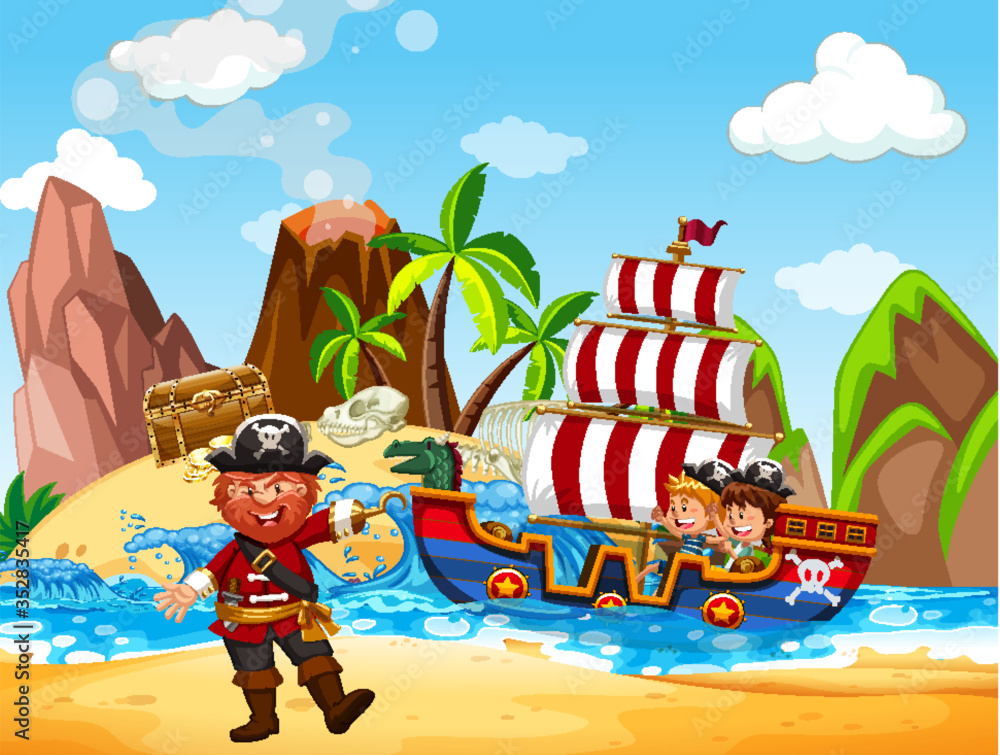 Scene with pirate and viking ship at sea