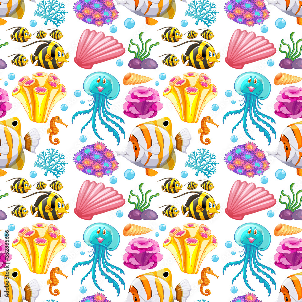 Seamless background design with sea creatures and corals