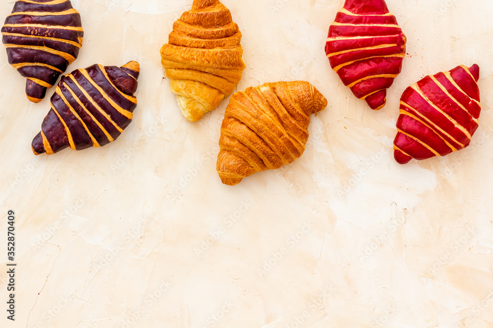 Croissants set - pattern and frame. Pastries top view