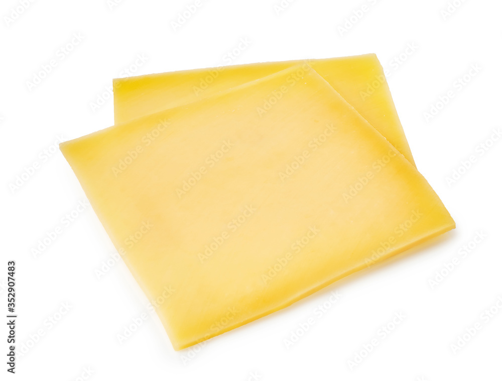 Two cheese slices isolated on white background