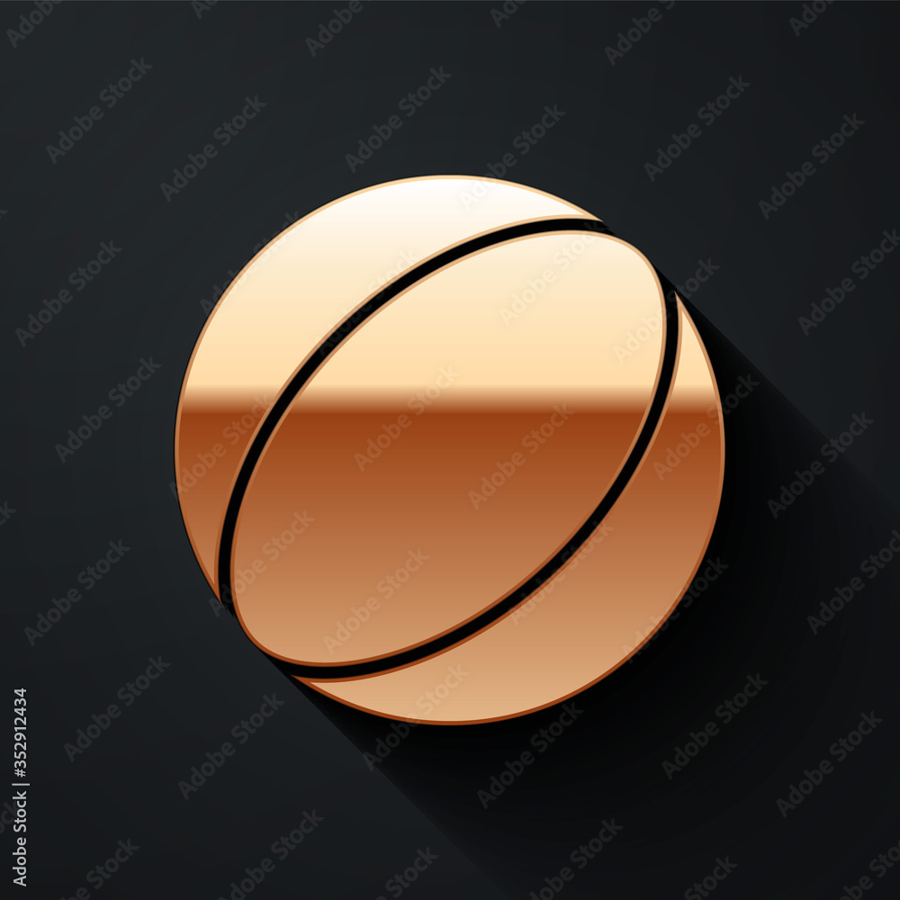 Gold Beach ball icon isolated on black background. Long shadow style. Vector.