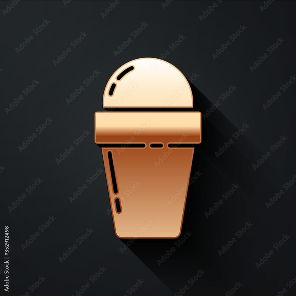 Gold Ice cream in waffle cone icon isolated on black background. Sweet symbol. Long shadow style. Ve