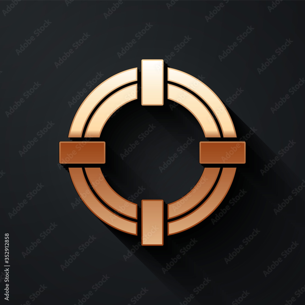 Gold Lifebuoy icon isolated on black background. Life saving floating lifebuoy for beach, rescue bel