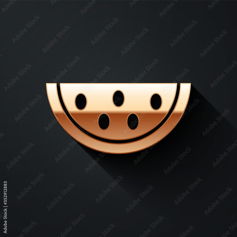 Gold Watermelon icon isolated on black background. Long shadow style. Vector.