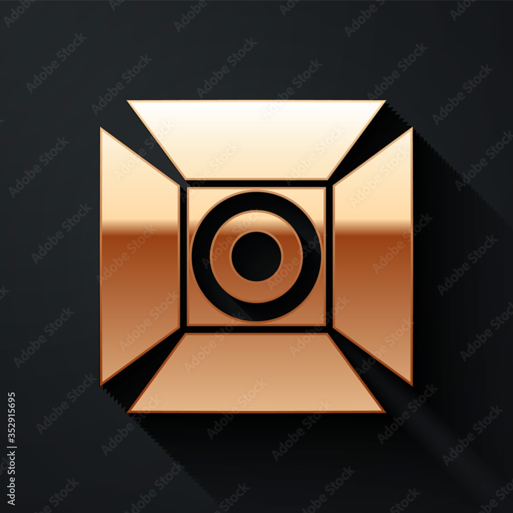 Gold Movie spotlight icon isolated on black background. Light Effect. Scene, Studio, Show. Long shad