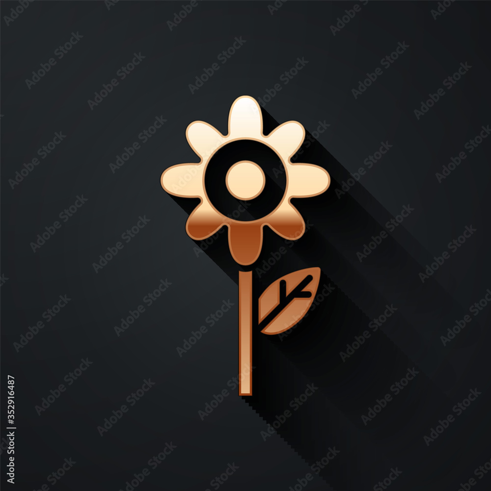 Gold Flower icon isolated on black background. Long shadow style. Vector.