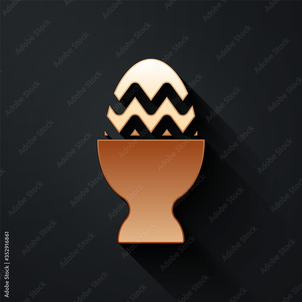 Gold Easter egg on a stand icon isolated on black background. Happy Easter. Long shadow style. Vecto