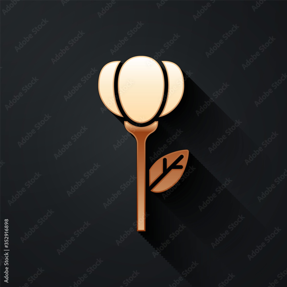 Gold Flower tulip icon isolated on black background. Long shadow style. Vector.