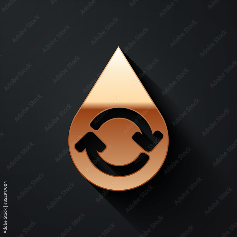 Gold Recycle clean aqua icon isolated on black background. Drop of water with sign recycling. Long s