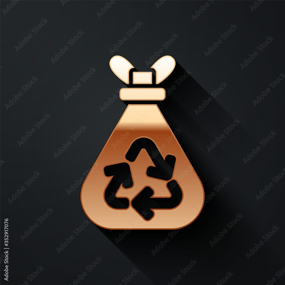 Gold Garbage bag with recycle symbol icon isolated on black background. Trash can icon. Recycle bask