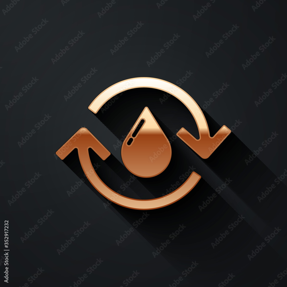 Gold Recycle clean aqua icon isolated on black background. Drop of water with sign recycling. Long s