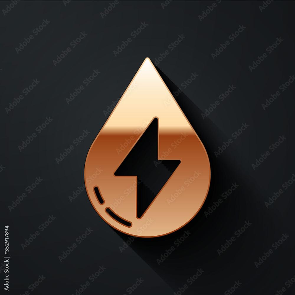 Gold Water energy icon isolated on black background. Ecology concept with water droplet. Alternative