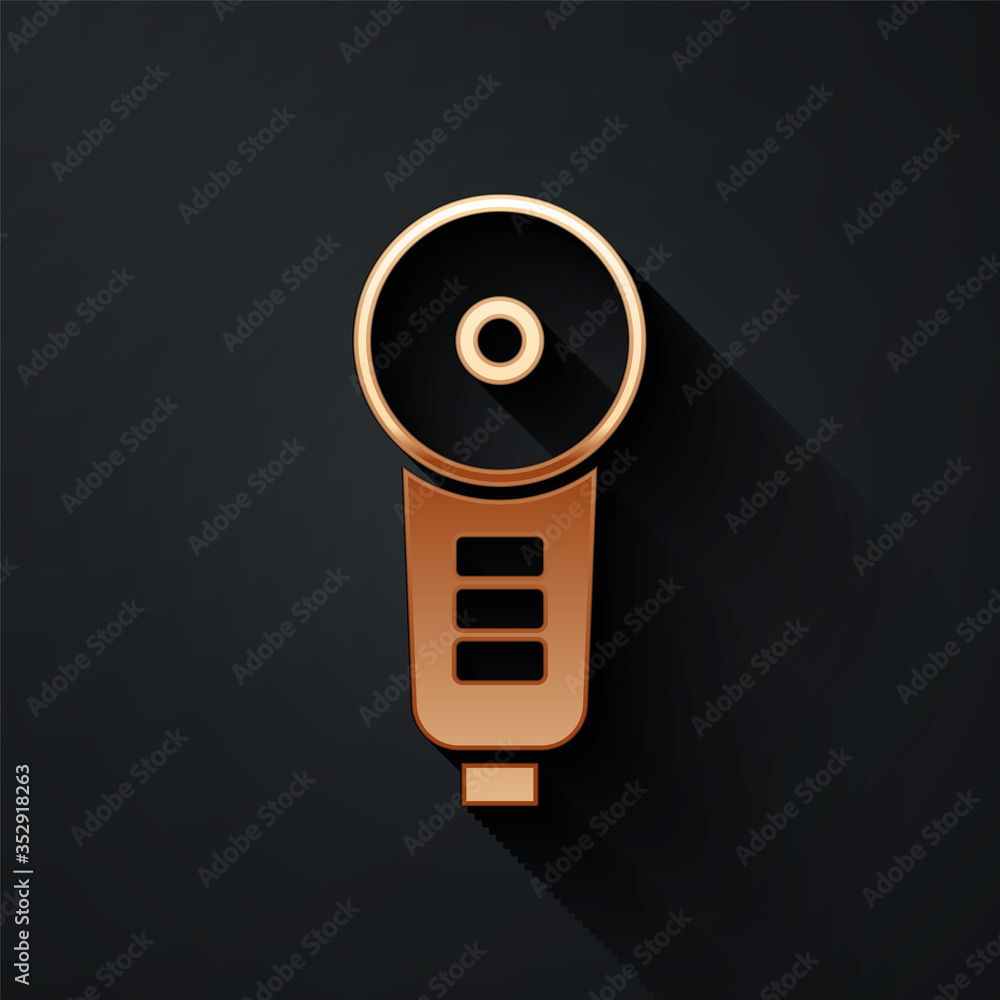 Gold Angle grinder icon isolated on black background. Long shadow style. Vector.