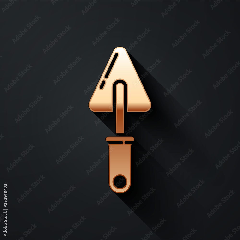 Gold Trowel icon isolated on black background. Long shadow style. Vector.