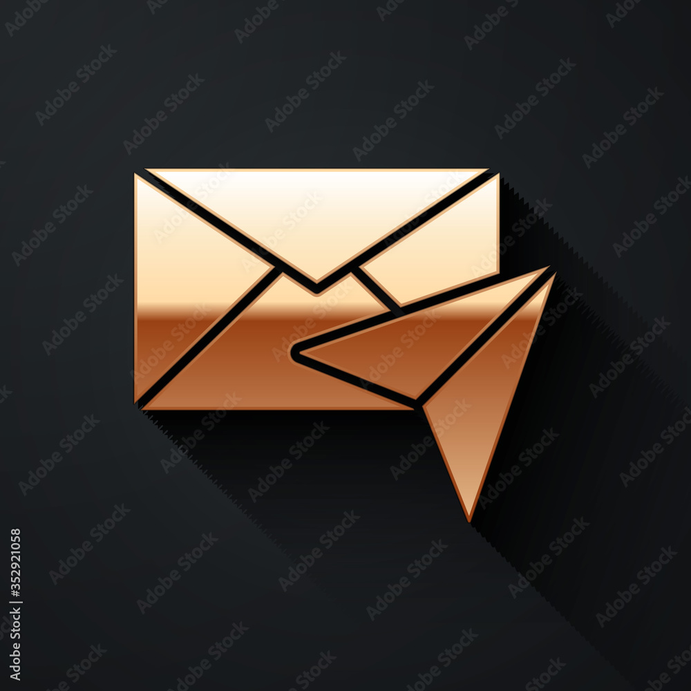 Gold Envelope icon isolated on black background. Email message letter symbol. Long shadow style. Vec